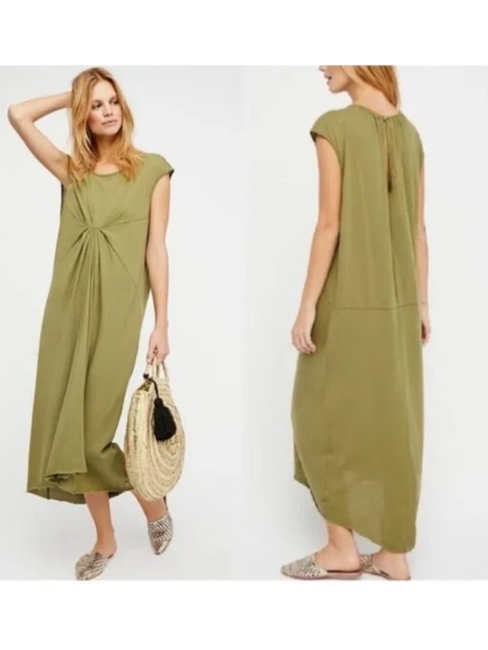 NWT Free People FP Beach Megan Twisted Front Maxi Dress Olive Green Cotton XS